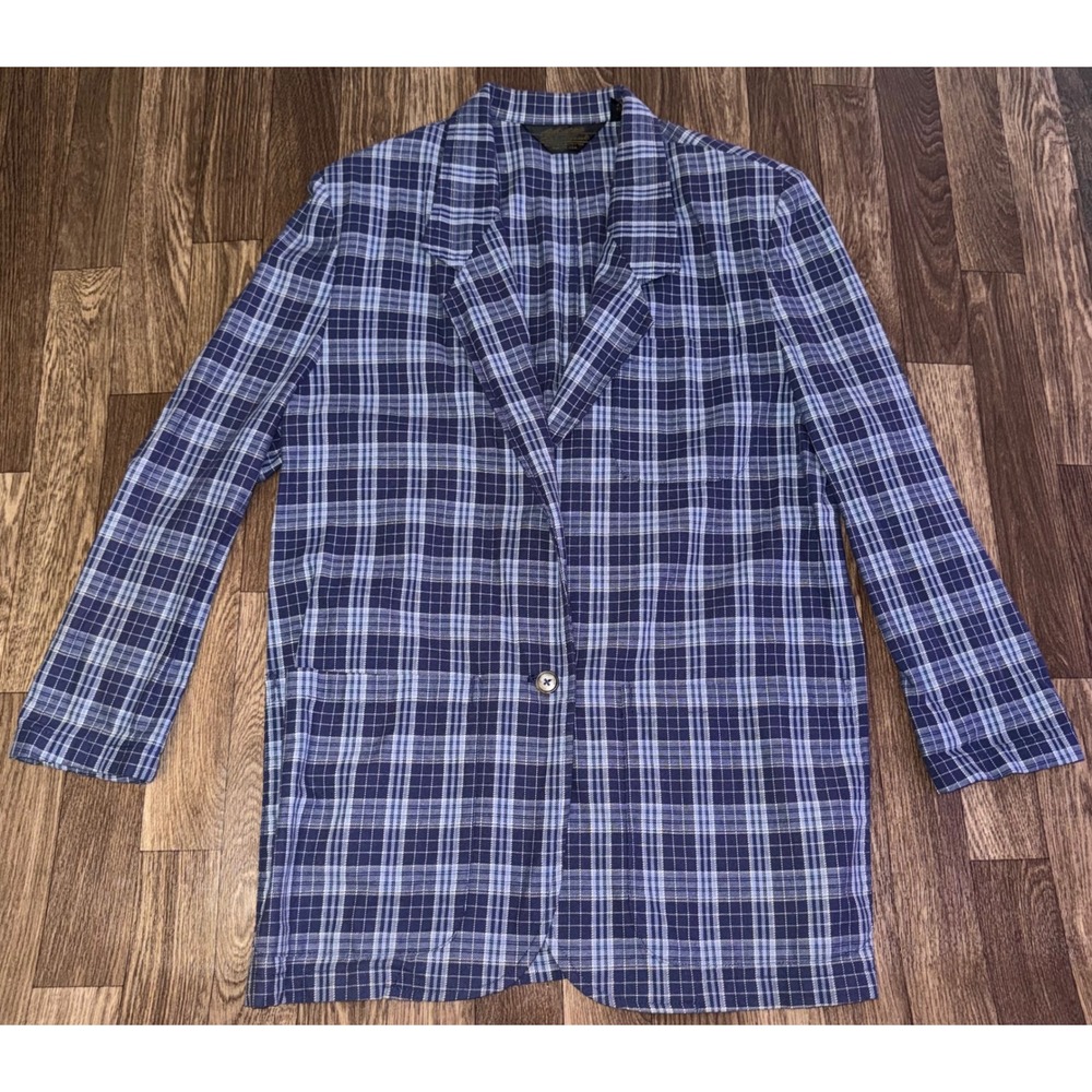 Eddie Bauer Womens Plaid Longline Blazer Jacket Blue Career Casual